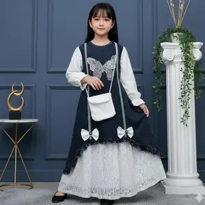Gamis Terbaru Lebaran 2026 Anak Perempuan Lebaran Jeans Snow Black Baju Gaun Cantik Elegant Premium Jeans Snow Black Full Jeans Pita