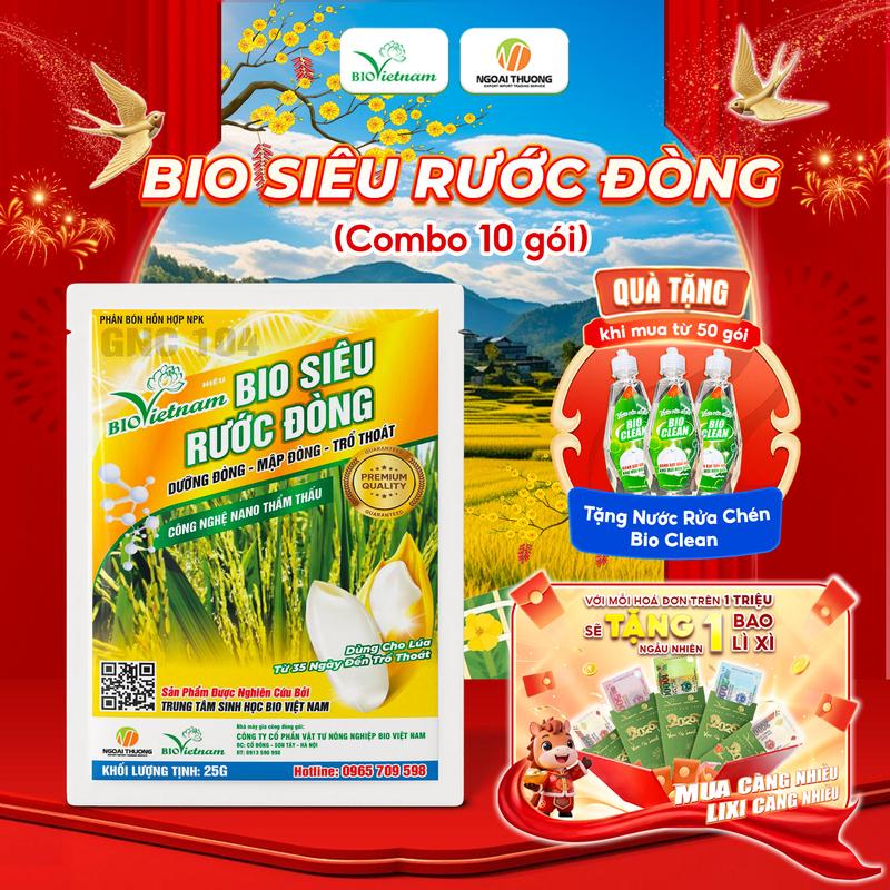 Combo 10 gói Phân bón lá BIO SIÊU RƯỚC ĐÒNG BAO BÌ MỚI 2025 - Giúp cây lúa Làm đòng to gié nhiều trổ đồng loạt cứng cây chống đổ ngã cho năng suất vượt trội - Gói 25g