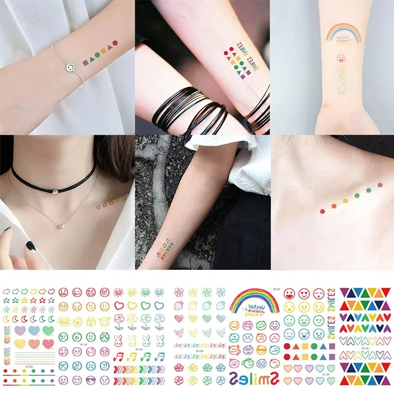 COD❤️Sticker Tattoo Temporarry Emoticon Cute Random / Stiker Tato Segar Kecil / Stiker Tato Tahan Air Wajah Tersenyum Lucu Garis Pelangi Stiker Tato Tahan Air