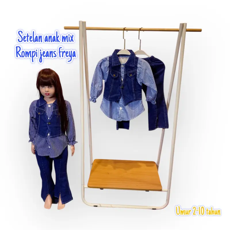 Fashion Kids Setelan Anak Perempuan Salur Mix Rompi Jeans Freya Celana Cutbray Usia 2-10 Tahun Viral 0