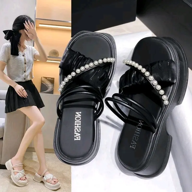 SANDAL WEDGES WANITA TALI KERUT MUTIARA KOREAN STYLE AMD 03 Shoes