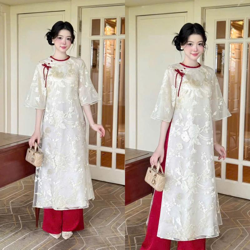 sét áo dài hai lớp cổ tròn kèm quần dài siêu xinh phù hợp mặc đi chơi đi tết chụp hình