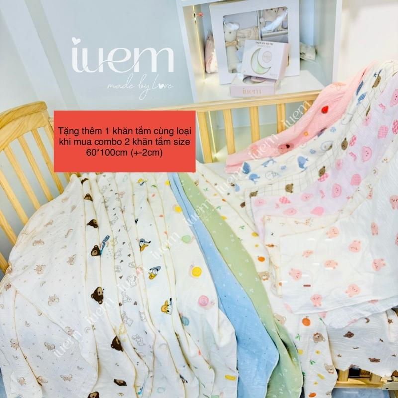 [iuem] (tặng thêm 1 khăn tắm cùng loại) Combo 2 khăn tắm 4 lớp xô muslin KHỔ VỪA 60*100cm (kt +-2cm)  dành cho bé từ sơ sinh, chất dày dặn, mềm mịn, thấm hút tốt. (kích thước +-2cm)