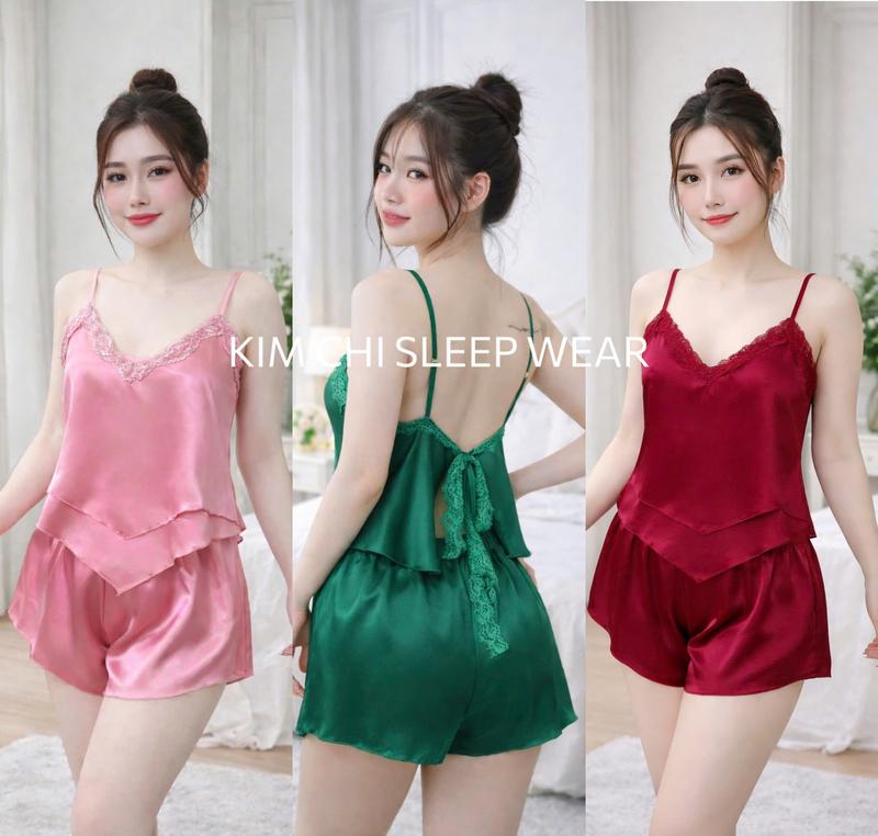 Bộ ngủ 2 dây chất phi lụa sexxy co giãn, Sét đồ ngủ hai dây mát lạnh gắn nơ siêu dễ thương