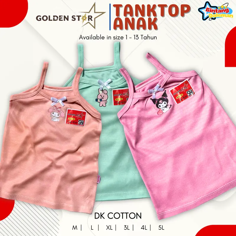 6 pcs singlet kaos dalem anak perempuan karakter labubu bt21, kuromi, cinamoror / tanktop anak lusinan golden Star / tengtop anak perempuan dalaman kaos dalam 6