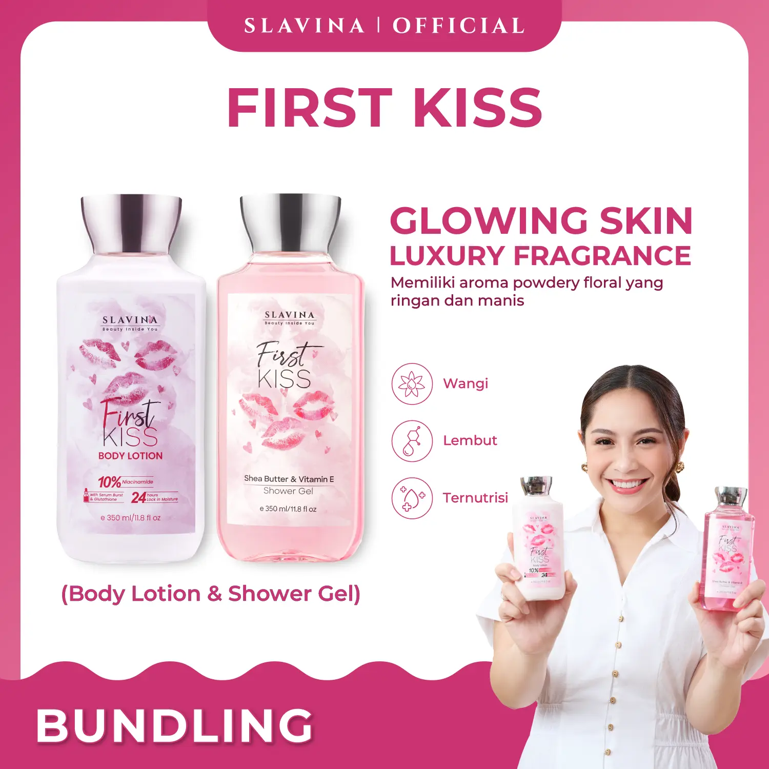 SLAVINA First Kiss Body Care Body Lotion dan Shower Gel by Nagita Slavina Moisturizer dan Sabun Mandi Cair 350ml Perawatan Tubuh Kering Pelembab Tangan