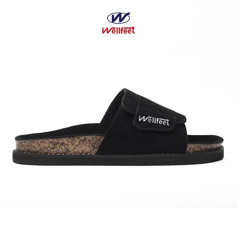 Wellfeet Ltd - Sandal Casual Santai Slide Pria Slip On Black/Tan -Cozy Suede Jepit Sendal Karet 3