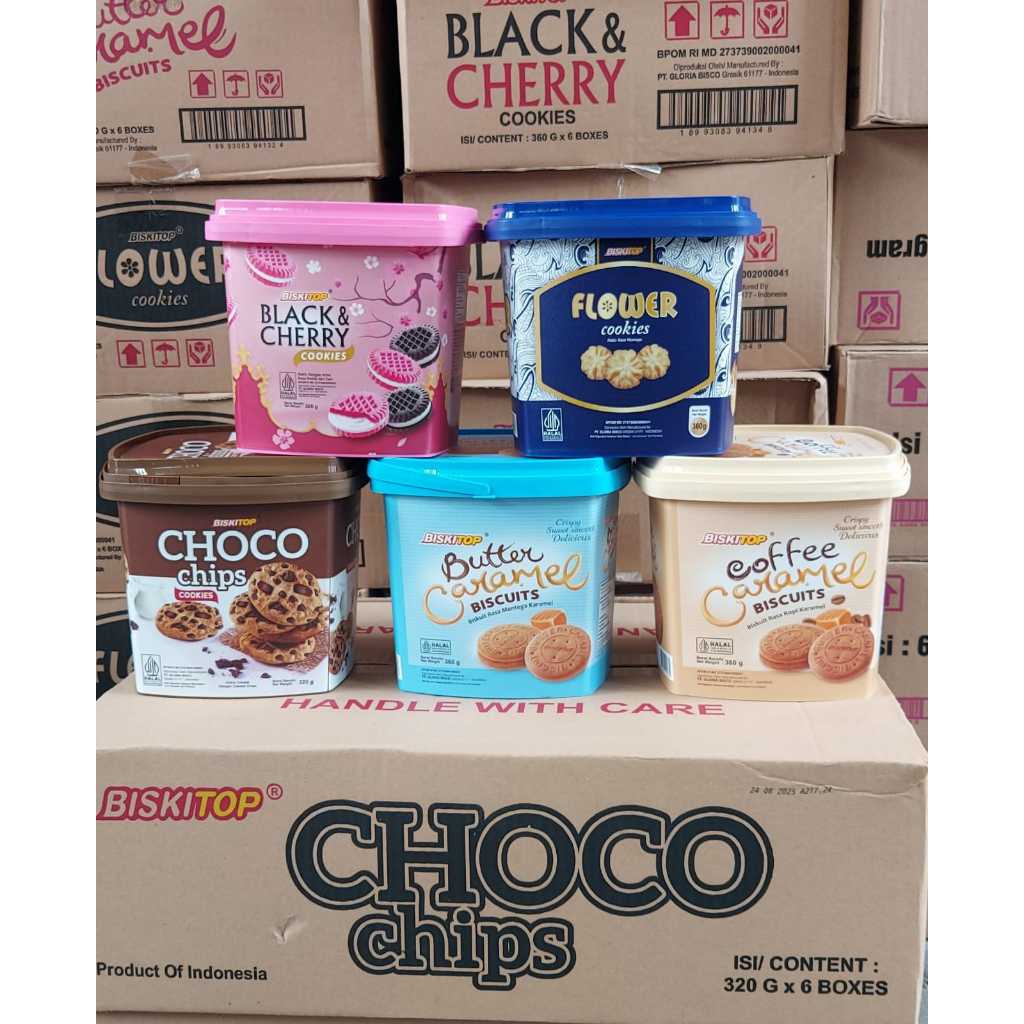 BISKITOP CHOCO CHIPS | FLOWER COOKIES | BUTTER COOKIES | BLACK N CHERY |  COFFE CARAMEL TERMURAH