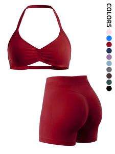 Conjunto deportivo sin costuras de 2 piezas con sujetador y almohadillas, shorts para correr y yoga de cintura alta que realzan los glúteos, traje deportivo sin mangas para mujer