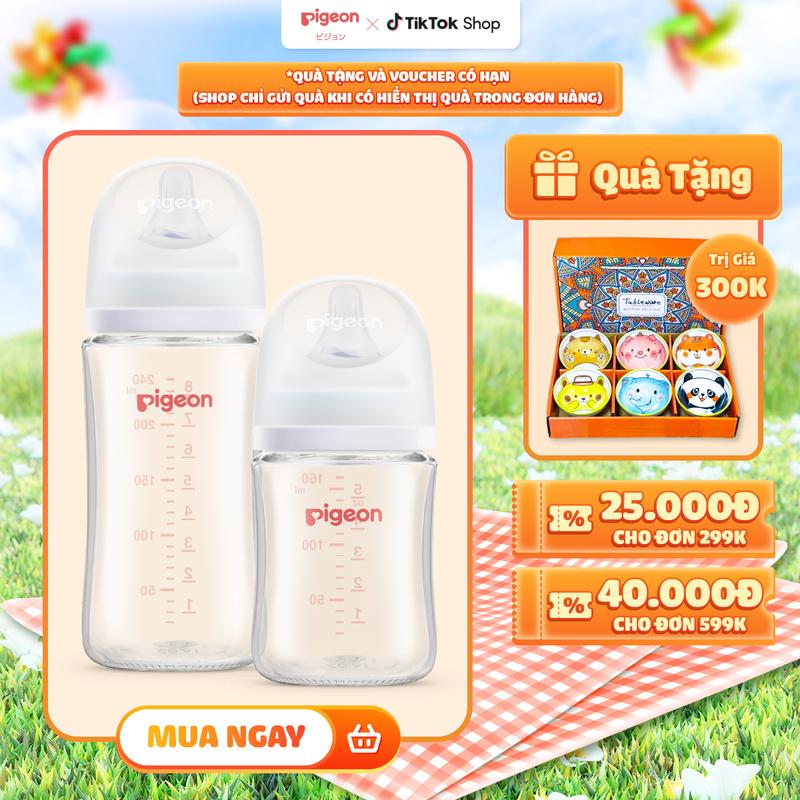 Bình sữa Thủy Tinh cổ rộng Pigeon Softouch thế hệ III 160ml/240ml
