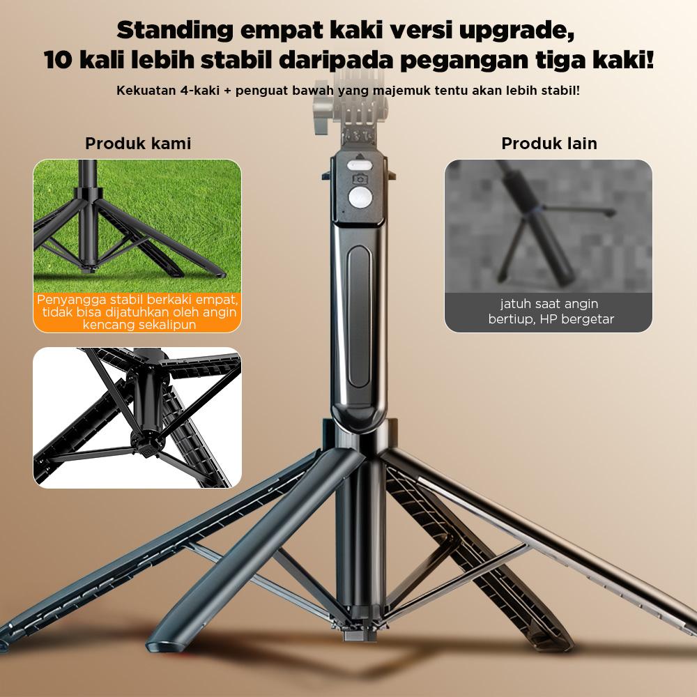 NEXID A17 4in1 Tongsis Tripod Bluetooth 1.8m dengan 4 Kaki Stainless Steel Fill Light & Remote Control 10M Cocok untuk Handphone Kamera S30