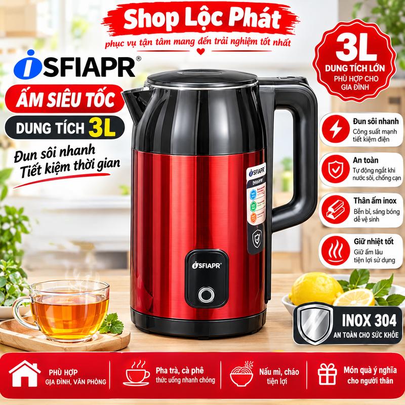 Ấm Siêu Tốc Đun Nước INOX 304 SFIAPR Cao Cấp 3 Lớp Công Suất 1500W, Tự Động Ngắt Khi Sôi, Dung Tích 3L SIêu Tiện Lợi
