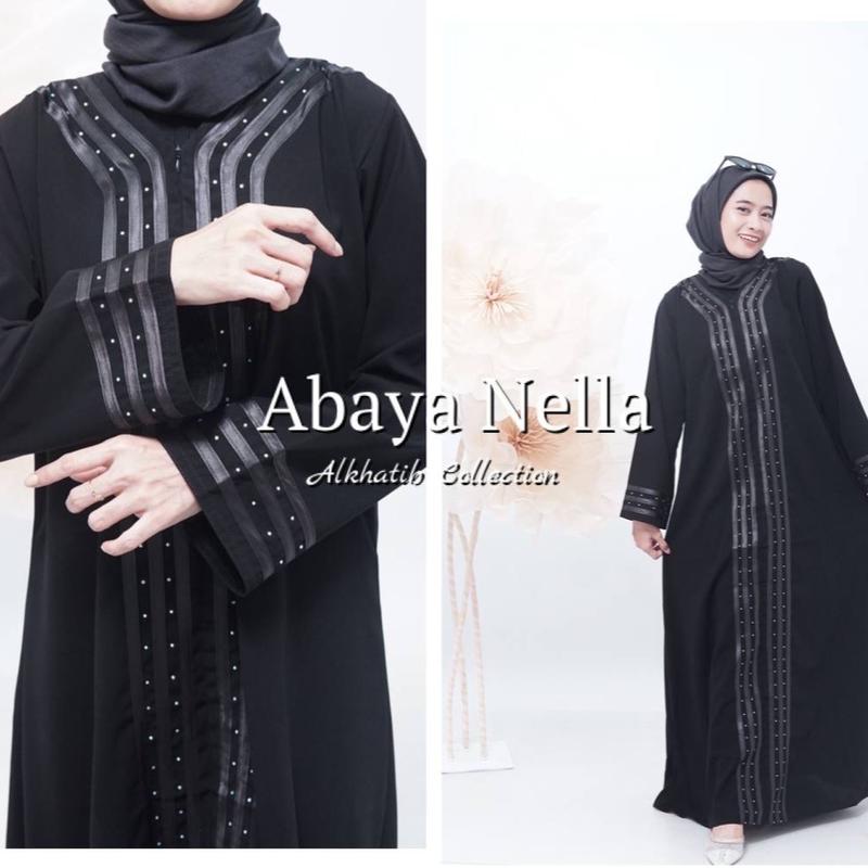 Abaya Gamis ALKHATIB Hitam Nella Motif Jetblack Ready Wanita Muslim Grade A Ukuran S M L XL XXL gamisabaya 5