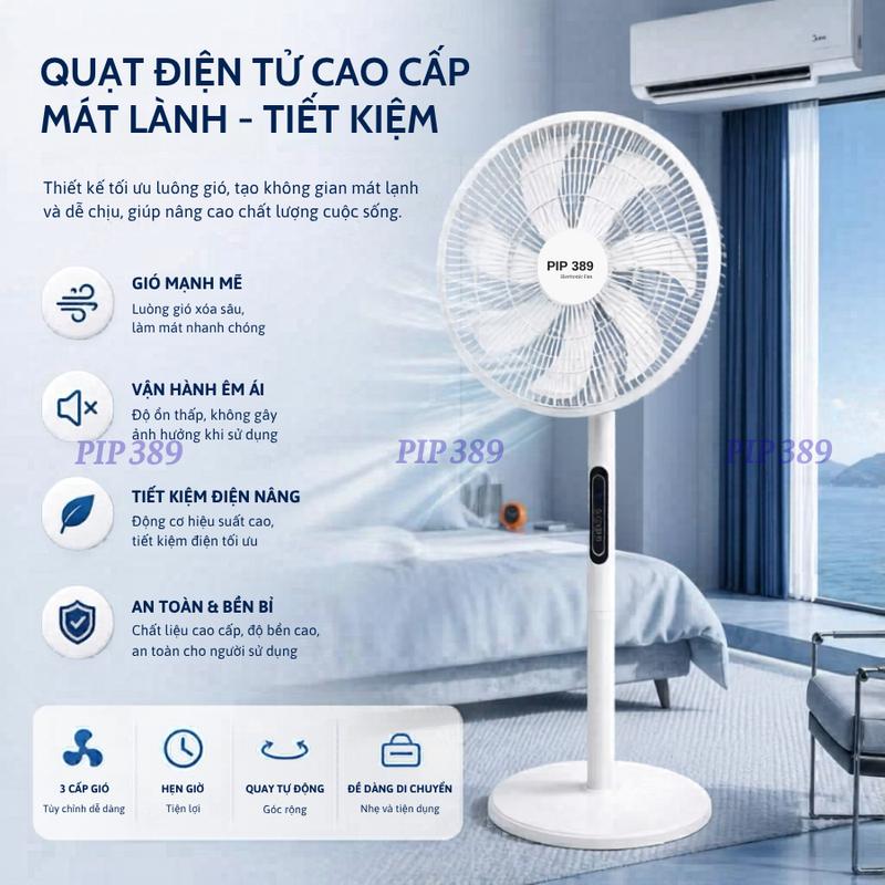 Quạt Cây Đứng Điện Tử 7 Cánh PIP389, Quạt Điện Thông Minh 8 Chế Độ, Điều Khiển Từ Xa, Hẹn Giờ