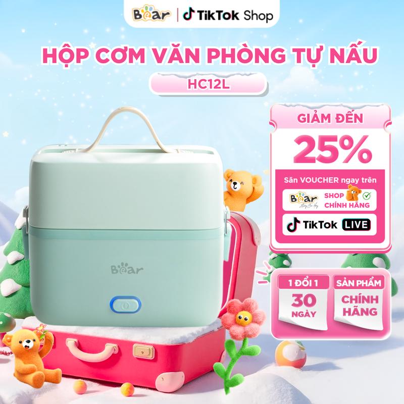 Hộp cơm điện văn phòng Bear SB-HC12L 1.2L 3 ngăn 2 tầng, hộp cơm cắm điện nấu chín thức ăn, hâm nóng cơm, luộc trứng, hấp rau, 2 tầng 3 ngăn, khóa kín