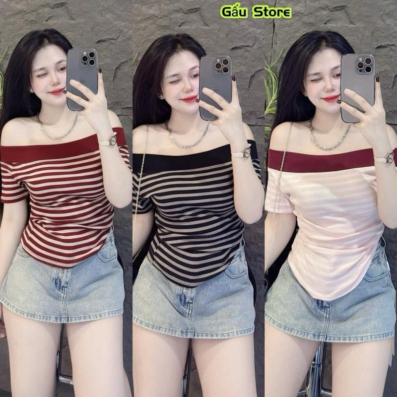  Áo thun trễ vai Tay Ngắn sọc body tôn dáng phom ôm 40kg - 55kg   M G6   