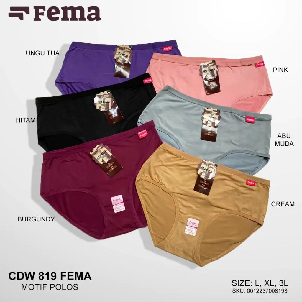 12Pcs Cd Wanita Fema 819 Celana Dalam Wanita Dewasa Remaja Abg Perempuan Bahan Katun Super Soft Motif Polos Ukuran L, XL, XXL Cd Wanita High Waist - HL0393