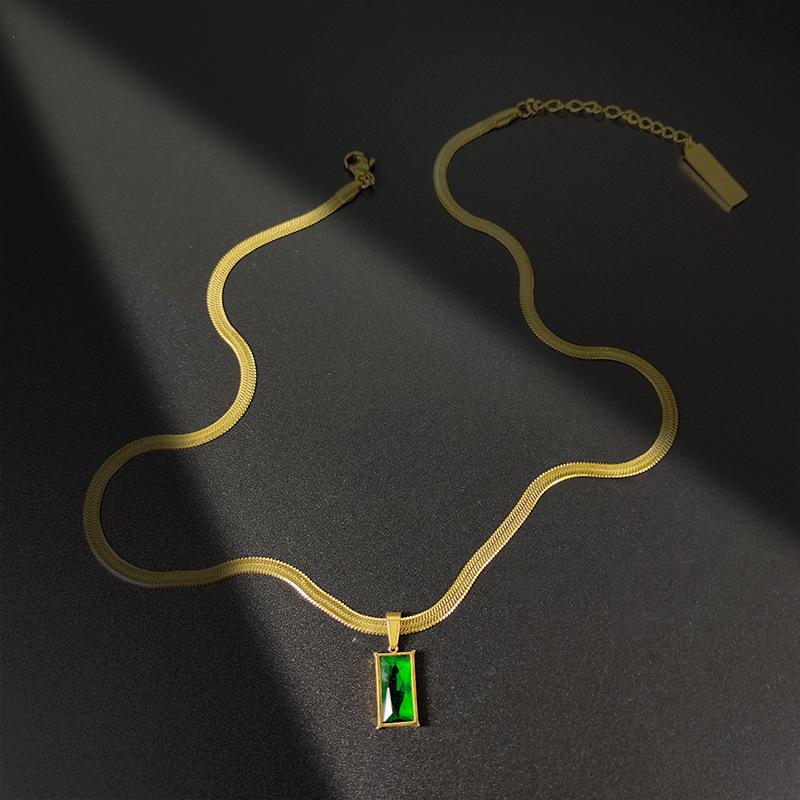 3 piece elegant minimalist necklace and earrings set, gold tone snake chain rectangular emerald green cubic zirconia pendant and hoop earrings 5
