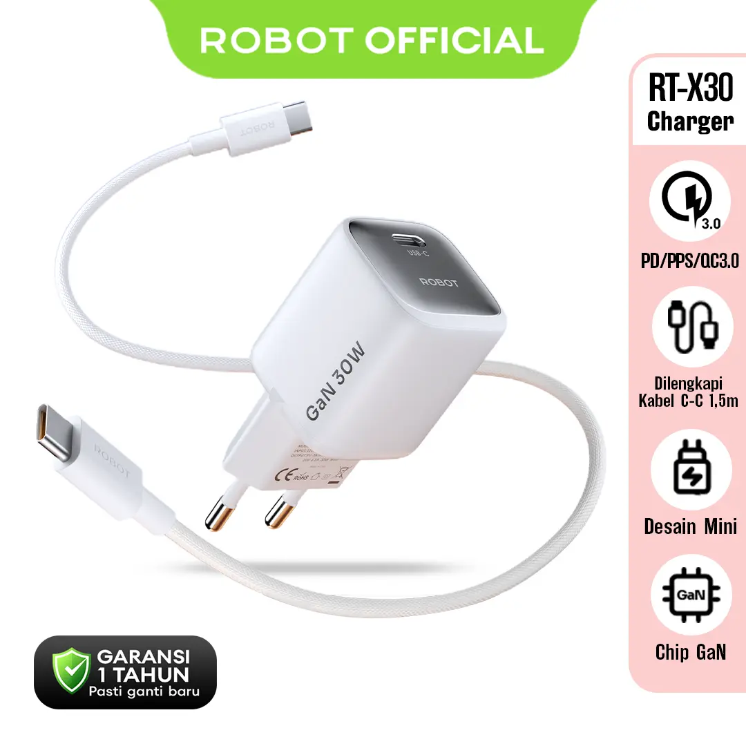 ROBOT RT-X30 Charger GaN 30W dengan Kabel C-C 1.5m Desain Mini Chip GaN Super Fast Charging PD PPS QC3.0 Free Kabel Braided 1.5M