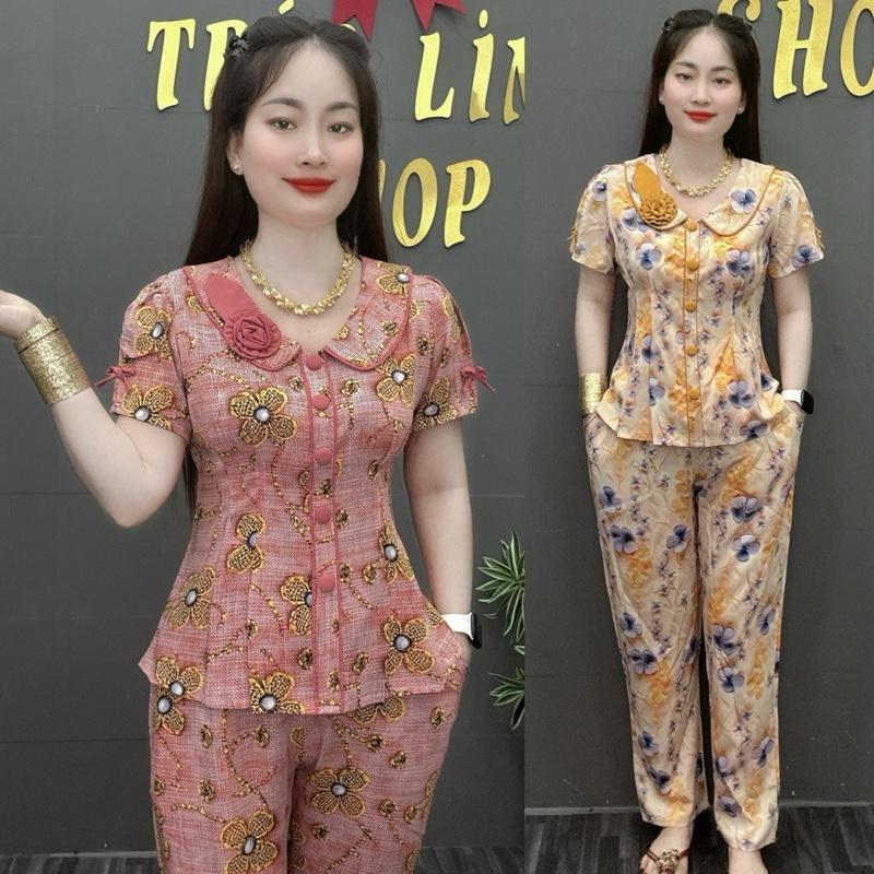  ĐỒ BỘ BỘ CỔ SEN  VẢI MAINGO  TAY PHÒNG NGẮN ,QUẦN DÀI  SIZE 45-75 KG. Nữ Tay ngắn 