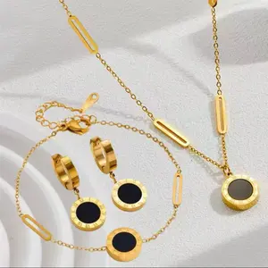 1 set perhiasan kalung,gelang,anting bulat hitam titanium import Y2K fashion