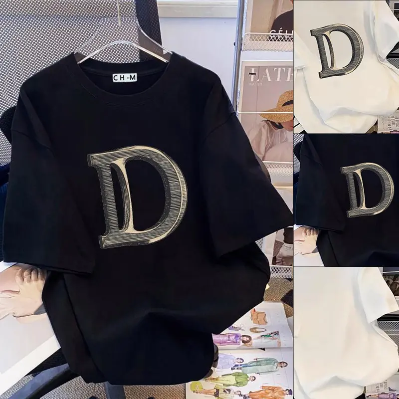 【CHMian mall】T-SHIRT WANITA -Letter D pattern-Kaos Wanita  Katun Kaos Print-T-SHIRT WANITA PURE COTTON PREMIUM