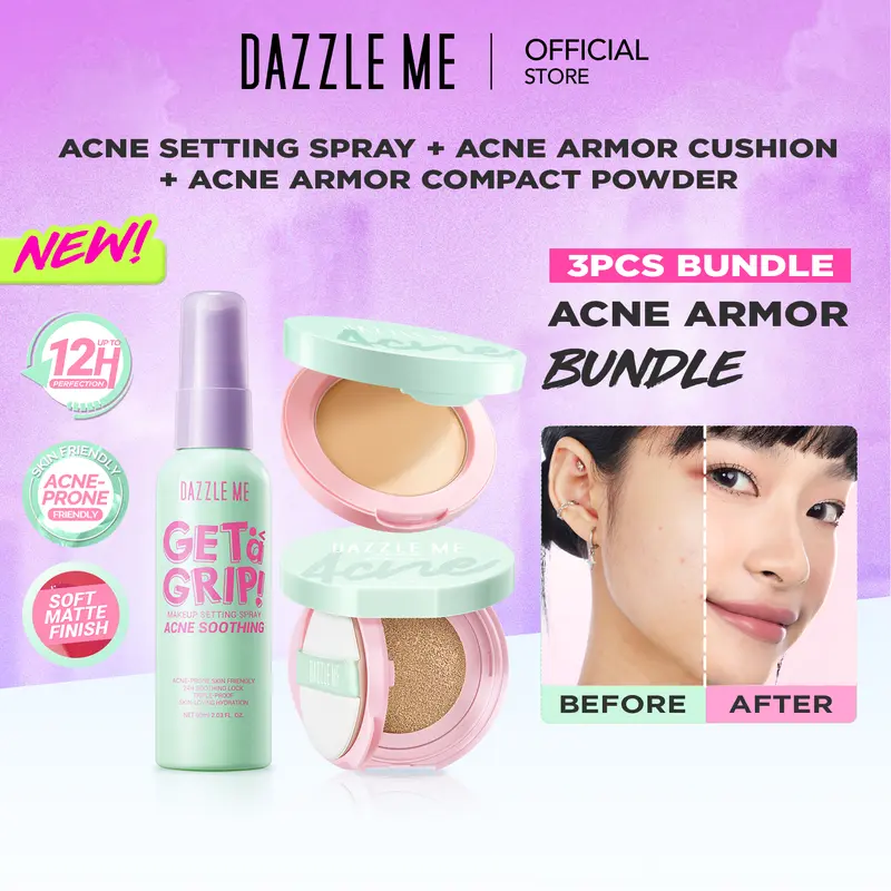 [PAKET MAKEUP 3PCS] DAZZLE ME Acne Armor Makeup Bundle Acne Soothing Setting Spray Flawless Flex Compact Powder Cushion Acne-Prone Friendly Tahan Lama Untuk Kulit Berjerawat 0