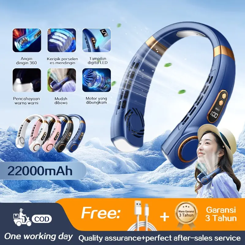 Kipas Angin Gantung Leher Portable 5-Speed Wind LED Display Tanpa Baling Baling Neck Fan Pencahayaan Warna-Warni
