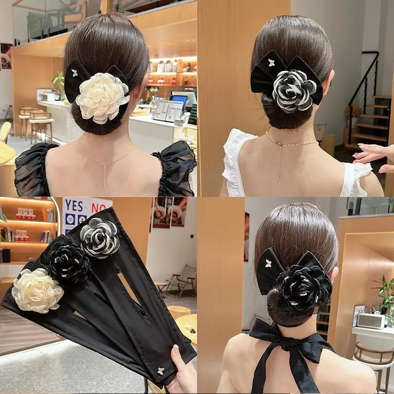 Ikat rambut berpintal kain, bunga besar, Alat Updo malas, kamelia, sanggul, Barret dengan busur Scrunchies getah  untuk