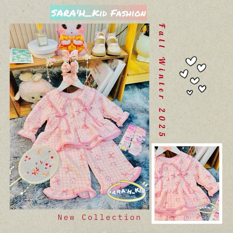  Sara'H_Kid Bộ Đồ Mùa Thu Dành Cho Bé Gái Từ 8-24kg Thiết Kế Thỏ Nơ Chất Liệu Đũi Mềm Mại Tặng Kèp Tóc Ấm Áp Dễ Thương 