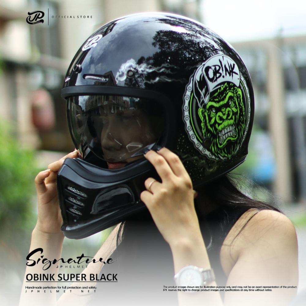 Helm Full Face Pria Wanita Retro Cakil Harian Motor Tebal Nyaman SNI DOT JP Retro Signature - SG 10 - L, BLACK DOFF
