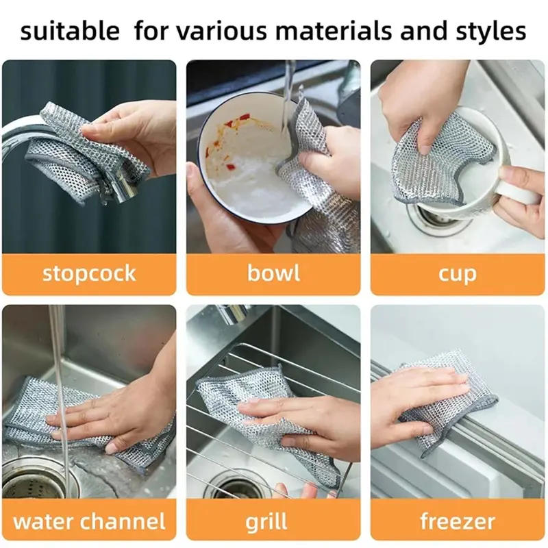 Vải lau ma thuật bằng Dây bạc, 10 cái, Khăn lau bát đĩa nhà bếp, Vải lau bằng dây thép kim loại, Thích hợp cho nồi và bát đĩa, Dụng cụ làm sạch 3