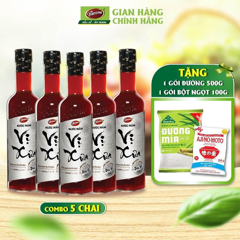 Combo 5 chai Nước Mắm Phú Quốc Cao Cấp Vị Xưa Barona 20 độ đạm 500ml, tặng 500g đường và 100g bột ngọt