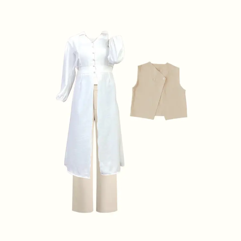 1Set Outfit Hijab Rompi Tunik  Perempuan (Hijab+Rompi+Tunik+Celana+Belt) OOTD Bukber- CL180 Muslim Panjang Setelan Wanita Kombinasi Atasan Baju 2