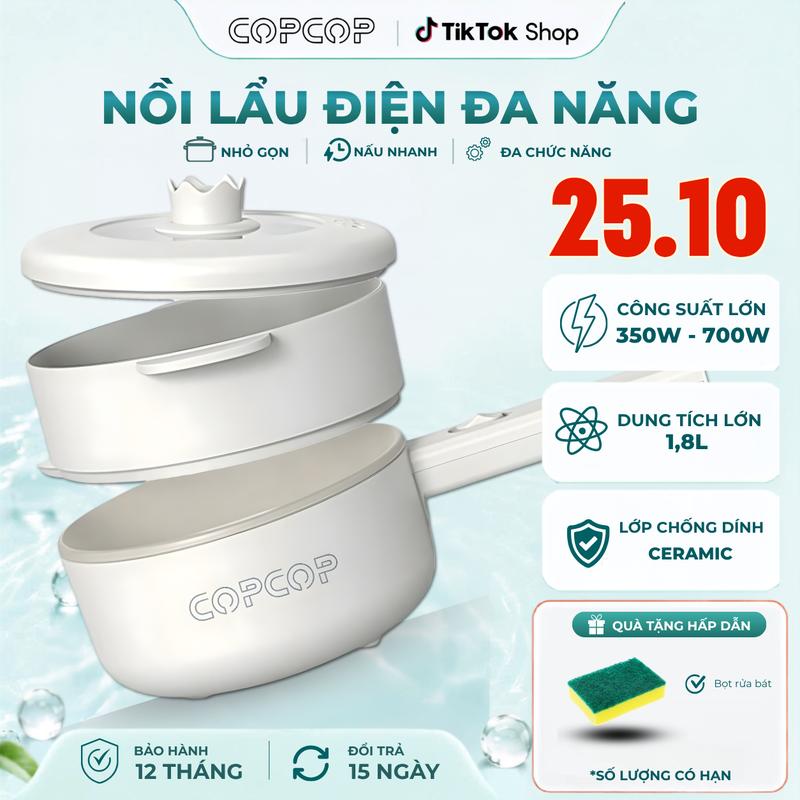 Nồi lẩu điện đa năng COPCOP dung tích 1.8L tặng kèm khay hấp với 2 mức nhiệt tiện lợi cho sinh viên, nhân viên văn phòng