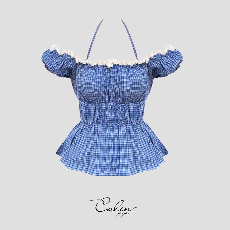 Summer Dream - Áo Babydoll trễ vai họa tiết caro có dây buộc cổ dễ thương cho Nữ