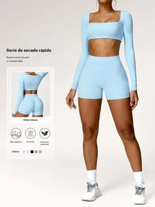 Conjunto de atuendo deportivo para mujer con camiseta corta de manga larga y shorts de cintura alta, top con escote cuadrado y leggings cortos para yoga, ropa deportiva para damas