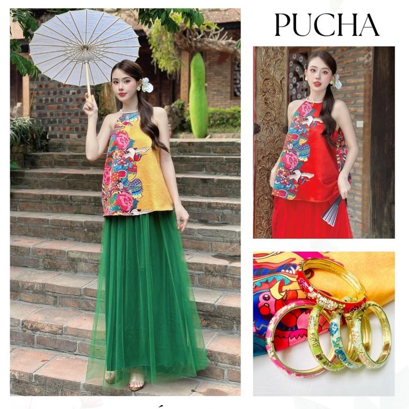 Sét áo yếm họa tiết dân gian phối chân váy lưới siêu hot Tết 2025 (diện Tết, chụp Trung Thu, chụp sen) Nữ Top Women