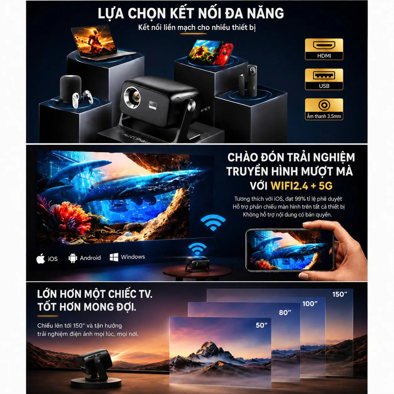 [BT ]Máy chiếu C5 đa năng - Xem phim siêu mượt, Tự động cân chỉnh góc chiếu, Wifi 6 tốc dộ cao, Màn hình 160 Inch cực chill, Rạp chiếu phim tại gia | BigBuy360 - bigbuy360.vn