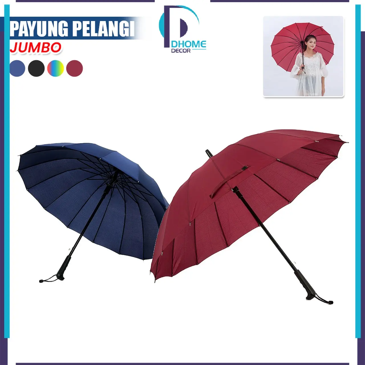 [COD] DH C1158 Payung Polos Buka Otomatis Gagang Lurus 16 Jari Pelangi Jumbo