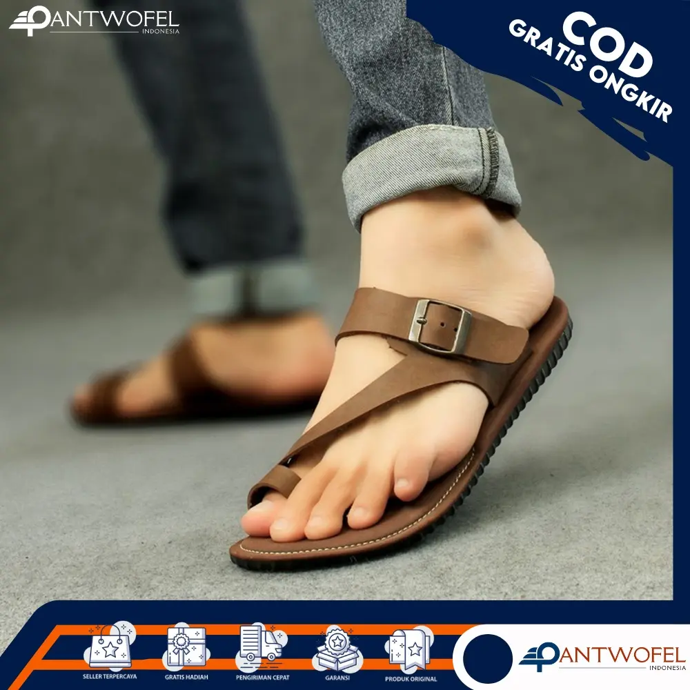 PTW X KAPU - Sendal Jepit Kasual Kulit Sapi Asli Kualitas Premium Unisex Pria Wanita Ukuran 39 - 43 Warna Cokelat Hitam - Sandal Capit Slip On Anti Licin/Anti Slip Santai Hangout Nongkrong Main Traveling Liburan Pakalolo