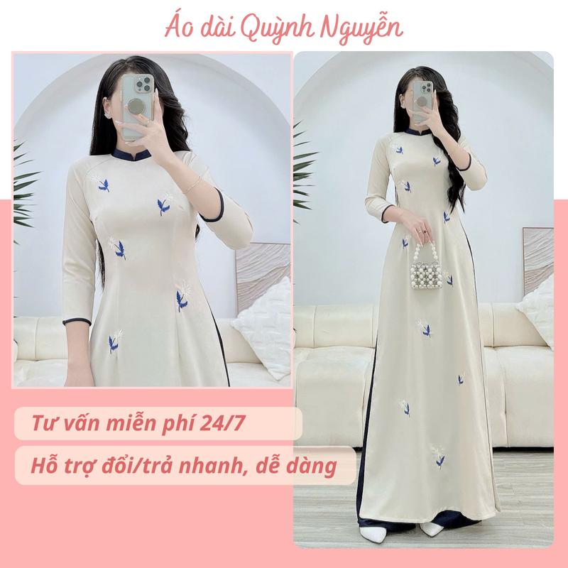 Áo dài nữ thêu cúc hoạ mi màu da phối cổ - MÃ TK159 đồ lam sườn xám Lụa bà ba gấm