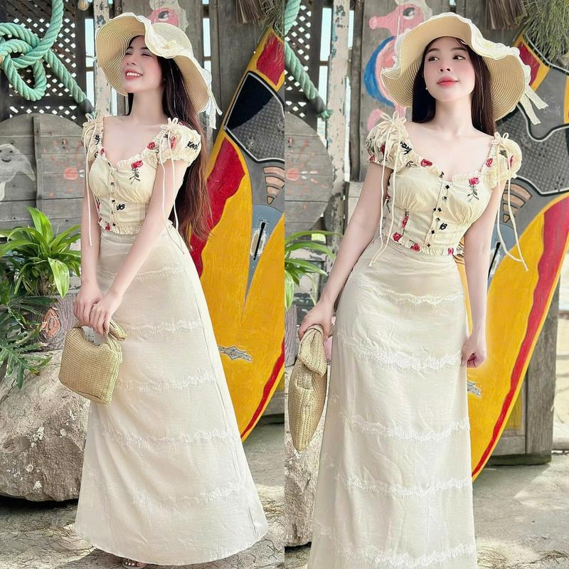 Set đồ nữ áo lụa croptop họa tiết in hoa đính nút [Có Mút] kèm chân váy dài chữ A phối ren [Có Lót] sang chảnh dành cho các nàng diện đi chơi