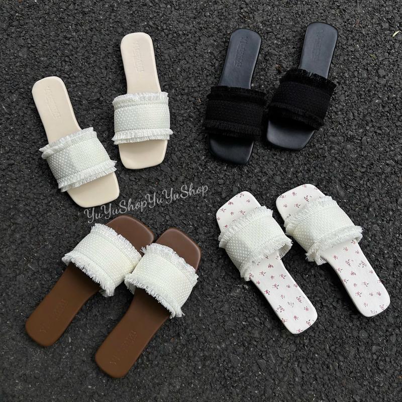5577-Deal mở bán CHUẨN SZ Dép lê nữ đế bệt mũi vuông phối quai ngang chất liệu dạ tuýp tua rua thời trang