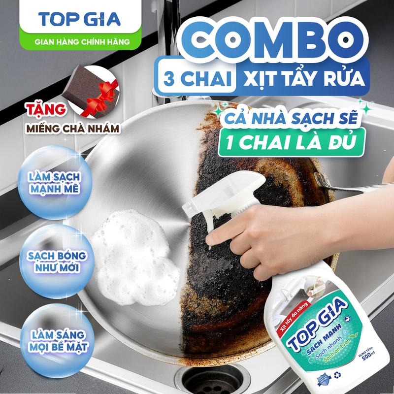    Combo 3 Chai   Nước Xịt Tẩy Đa Năng TOPGIA 500ml – Tẩy Rửa Sạch Mọi Vết Bẩn Dầu Mỡ Cặn Canxi Mảng Bám Trên Gạch Inox Kính Nhựa – Dùng Cho Nhà Bếp Toilet Nhà Tắm An Toàn Không Ăn Mòn- Dung Tích 500ml - Topgiaclean XĐN 