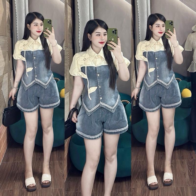 Set jean ko giãn áo tay ngắn phối thun ct trắng đen quần đùi lưng thun Top Women Nữ _ dothudong.