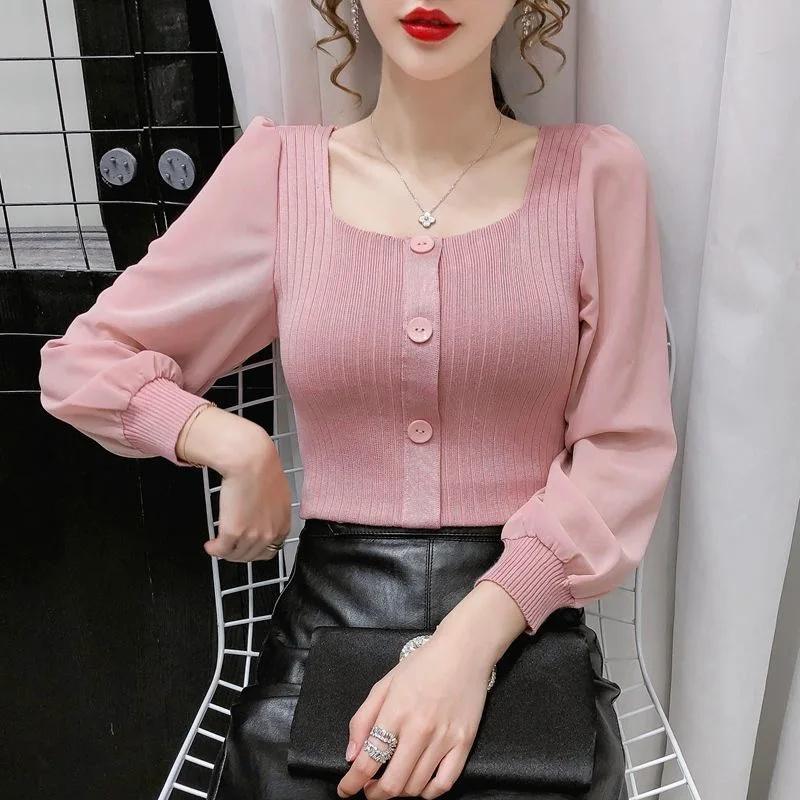 Áo Len Áo Chui Đầu Phong Cách Mùa Xuân Và Mùa Thu Cho Nữ, Áo Dài Tay Thường Ngày Cho Nữ, Cổ Vuông, Dệt Kim Chắp Vá, WY1022 4
