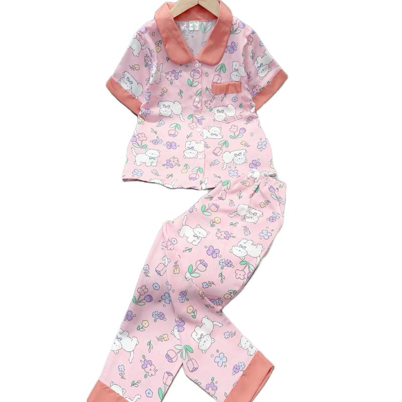 M 48: 22-48kg. Bộ đồ ngủ mặc nhà pijama thiết kế cổ lá sen bé gái chất liệu lụa Mango mềm, mịn , mát không nhăn đồ bộ pijama cho bé gái 30 đến