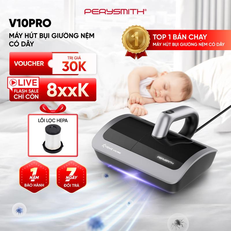 Máy Hút Bụi Giường Nệm PerySmith V10Pro Có Đèn UV Diệt Khuẩn | Lực Hút Mạnh | Có Sấy Nóng | Gọn Nhẹ | Tặng 1 Lõi Lọc Thay Thế  | Bảo Hành 1 Năm