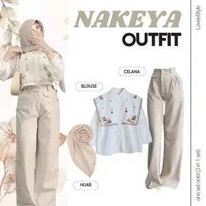 Setelan Remaja Korea "NAKEYA OUTFIT" – (Blouse, Celana, Hijab) One Set 3In1 Wanita Kekinian Hangout Daily - LS10